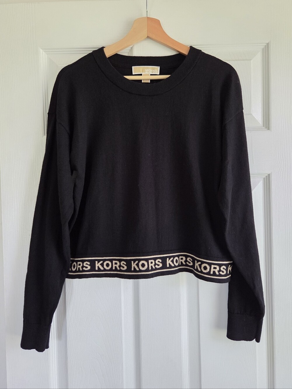 MICHAEL KORS ✨️ Women's Black Logo-Band Crewneck Cropped Sweater Size M